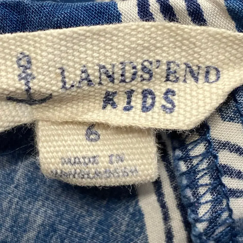 Lands End Kids Fit Flare Dress Girls‎ 6 Blue White Cotton *No Belt/Tie